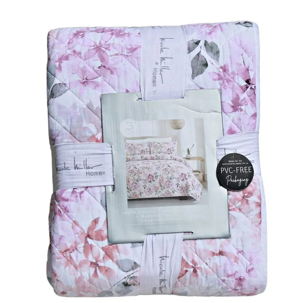 Nicole Miller Home 3 Piece Quilt Set Full/Queen w Shams Floral Print 100% Cotton